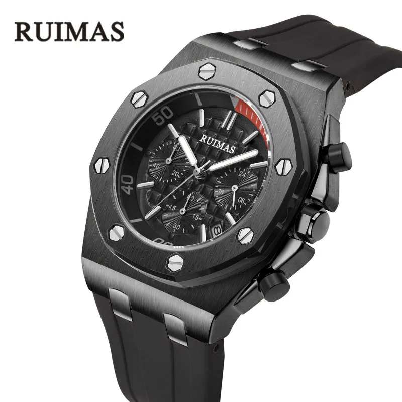 

Ruimas Casual Sport Watches for Men Black Top Brand Luxury Military Leather Wristwatch Man Clock Fashion Chronograph Wrist Watch