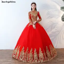 С высоким воротом и длинными рукавами свадебное платье мусульманская принцесса красный свадебные платья 2018 Кружева бальное платье