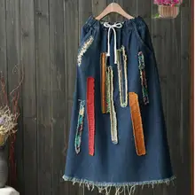 Новые повседневные женские джинсы юбка народный стиль Drawstring джинсы кисточка отверстия средней длины карманы узкие джинсовые юбки
