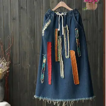 

2020 New Casual Women Jeans Skirt Folk Style Drawstring Jeans Tassel Holes Mid-ca-length Pockets Slim Denim Skirts Free Shipping