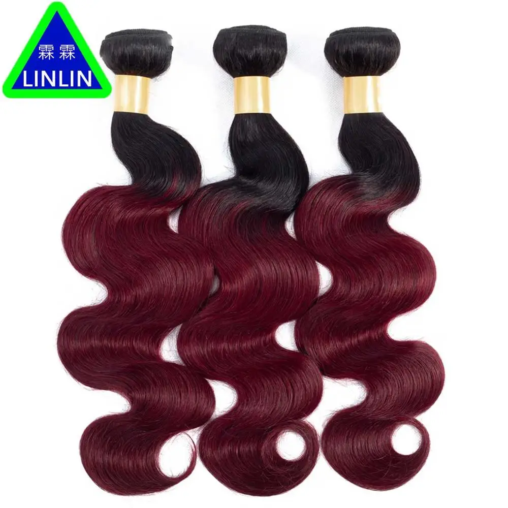 

LINLIN Pre-colored Peruvian Hair 3 Bundles 1B/99j Burgundy Non-remy Human Hair Extensions Body Wave Hair Weave Hair Rollers
