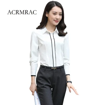 

ACRMRAC Women 2018 New shirt Long sleeves white Slim Large size black strips Spliced Business Formal wear Blouses & Shirts