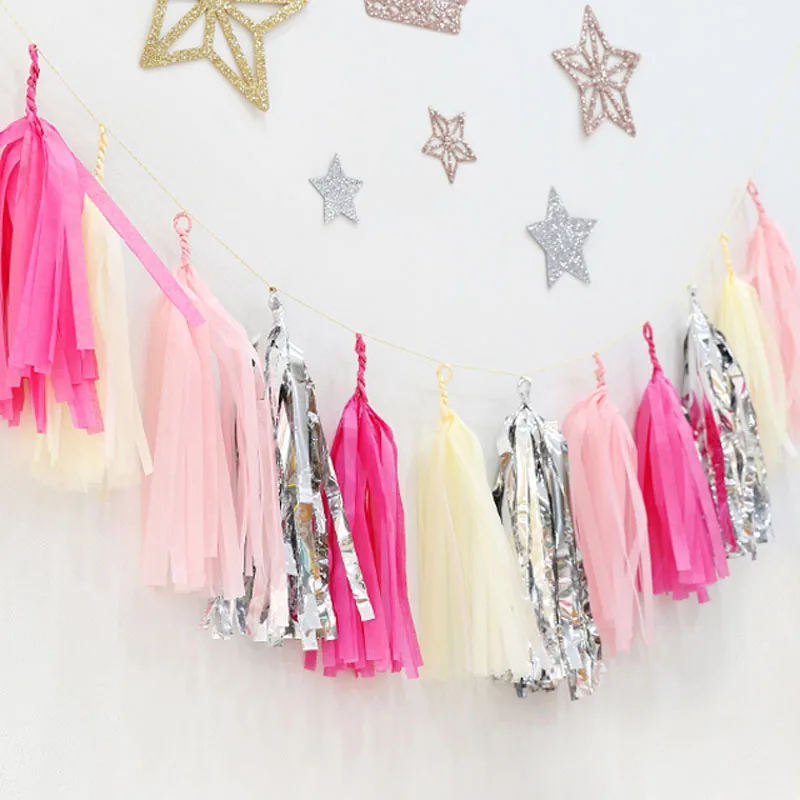 

1set 60pcs pink paper tassel garland birthday party baby shower wedding Bridal shower holiday home decoration Background hanging