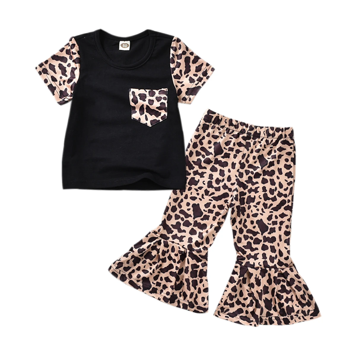 Одежда для маленьких девочек с леопардовым принтом; футболка; топ; брюки-клеш; комплект одежды