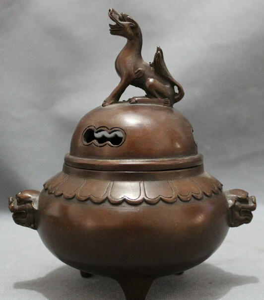

JP S0114 Old Tibet Bronze Buddhism Auspicious Lion Dog Head Statue Incense Burner Censer