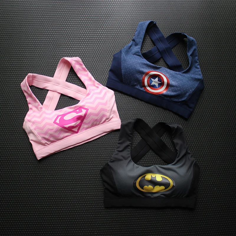 

2019 Pink Women Fitness Sports Bra Push Up Sports Topics Superman Bra Top Batman Padded Bra Yoga Gym Clothing Sexy Underwear Top