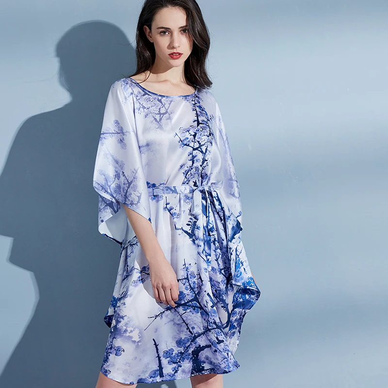 

Women 100% Real Silk Nightgown for Summer Night Dress Sleepwear For Ladies Loose Print Half Sleeves Nightwear Homewear