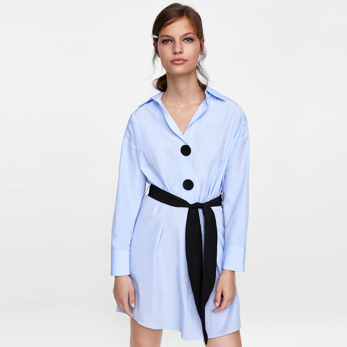 

OL Commuter Shirt Collared Button Belt Tie Long-sleeved Dress 2019 Turn-down Collar Women Blouses Woman Clothes Shirt