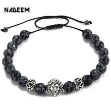 Men’s Weave Kintted Design Bead Bracelet Silver Color Lion Head Charm Snowflake Stone Bead Adjustable Macrame Braieding Bracelet