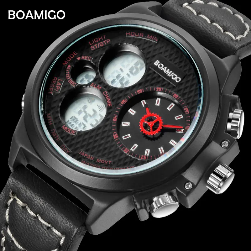 

BOAMIGO Brand Men Sports Watches Men's LED digital Watches 30m Water Resistant Leather Wristwatches Male Clock Relogio Masculino