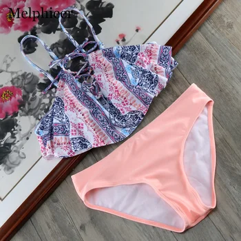 

Melphieer Ruffle Bikini 2018 Print Swimwear Women Push Up Swimsuit Bandage Biquini Tank Crop Top Bikinis Set Ladies Bathing Suit