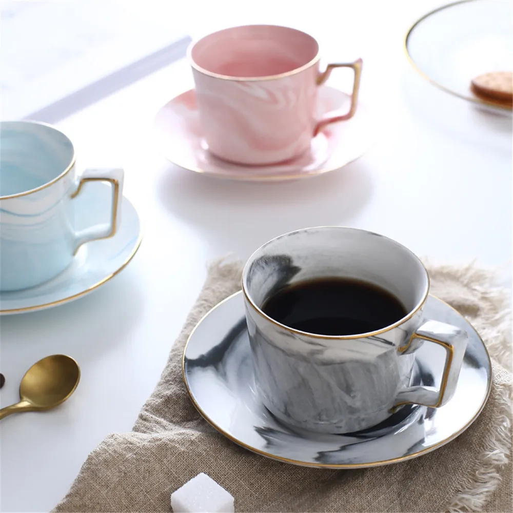 

Marbled Ceramic Tea Cup and Saucer Set Scandinavian Coffee Cup Suit Handpainted Gold Rim Couple Milk Mug