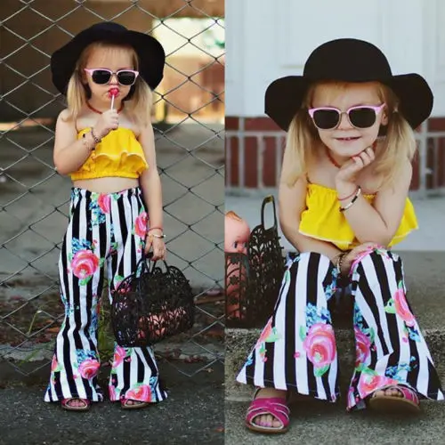 Fashion Summer Toddler Kids Girls Clothes Yellow Tops Floral Striped