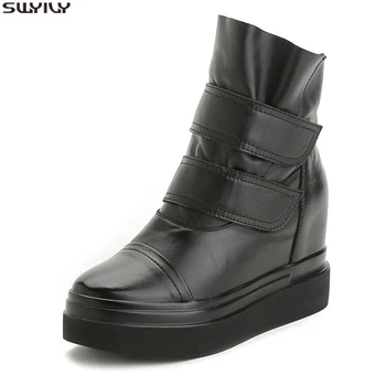 

SWYIVY Cow Leather Boots Women Wedge Shoes Woman 2019 New Winter Plush Platform Boots Female Shoes Black Mid Calf Woman Booties