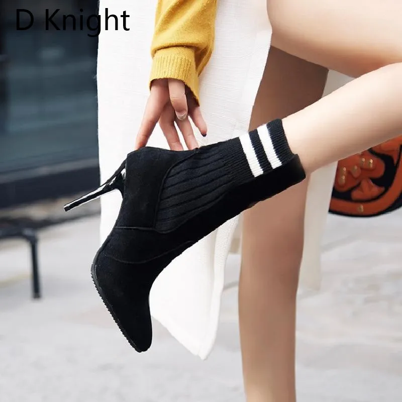 Fashion Elastic Ankle Sock Boots Stretch Thin High Heels Women Winter Sexy Black Booties Pointed Toe Women Pumps Plus Size 33-43 (5)