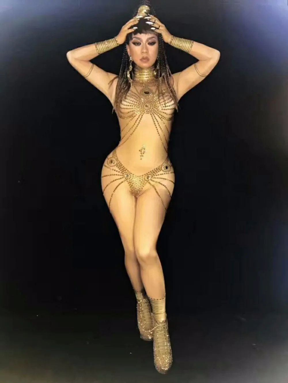 New Arrival Women Sexy Golden nude trousers performance clothing set Nightclub bar singer Dj Ds sta