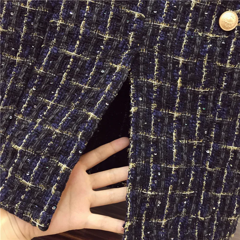 Женский комплект из 2 предметов, сексуальное, рукав-фонарик вырезы на плечах вязаный пуловер свитер+ клетчатый двубортный Сплит твидовый комплект с юбкой