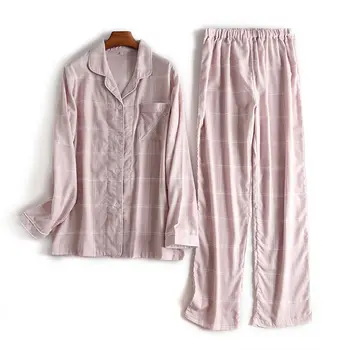

2020 Spring Women Casual Plaid Pajama sets Female 100% Cotton Sleepwear suit Women Turn-down collar shirt & Pants XXL Pijamas