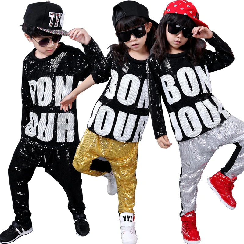Girl Dance Costume Sequins Dress Girls Boys Sequins Modern Jazz Dance Outfits Tops Pants Ballroom Hip Hop Dancing Suit Kids Adults Stage wear Costumes Clothing