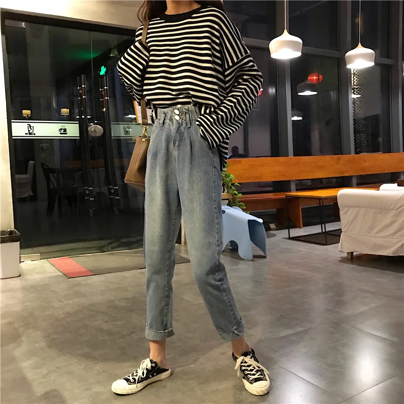 Весенняя Корейская версия вымытых старых эластичных талии свободные джинсы с высокой талией Прямые брюки Широкие брюки женские