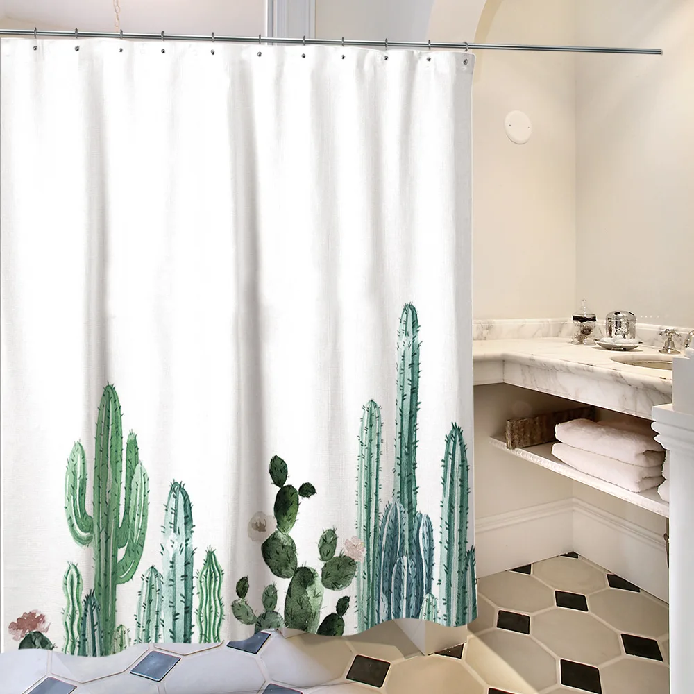 

Cactus Green Tropical Plants Printed Bath Shower Curtain Waterproof Mildew Proof Polyester Fabric Curtain Bathroom with 12 Hook