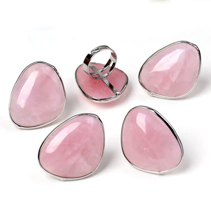 Finger ring Adjustable rings KFT Natural Rose Pink Quartz Stone Rings Healing Crystal Quartz Reiki Stone Resizable Finger Ring Jewelry Women Men Girls