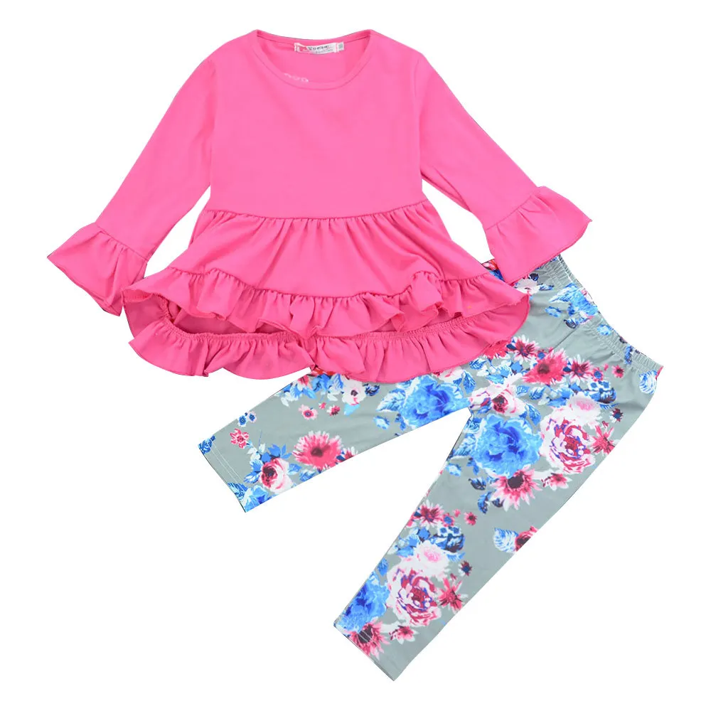 

Fashion Girls Clothes Kids Ruffle Cotton Top with Floral Pants Clothing Set Girls Boutique Outfits