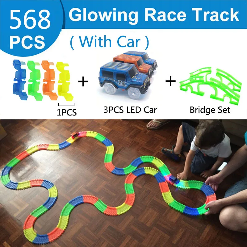 

88-648pcs Glow Racing Track Rail Car Toys Assemble Glowing Bend Flexible Race Track LED Light Car Toys for Children Gift