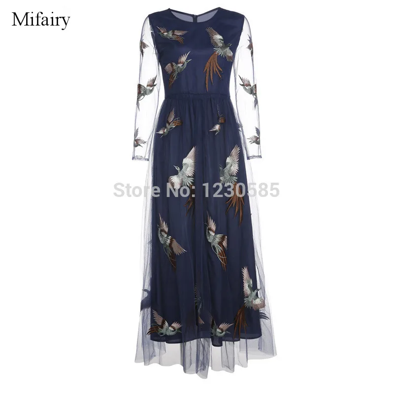 Free Shipping 2018 High End Royal Blue O Neck Sheer Long Sleeves Embroidery Women Dresses Evening Party Dress Vestidos | Женская одежда