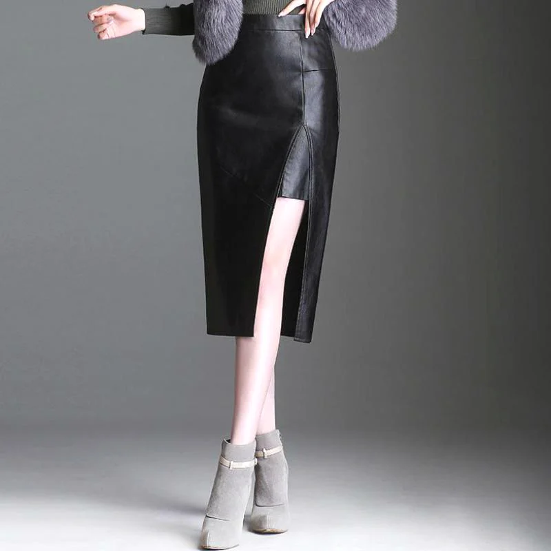 

2018 Winter Fall Fashion Woman High Street Slim Black Pu Leather Pencil Skirt , Korean Women 4xl Placket Mid Calf Skinny Skirts