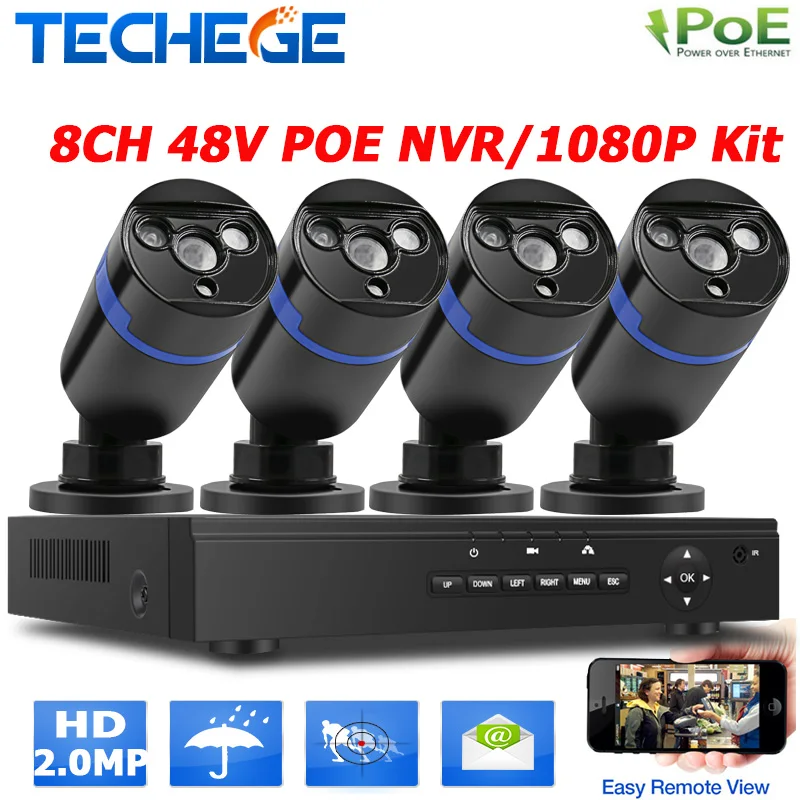  2.0MP outdoor CCTV system 48V 8ch POE NVR 4pcs 2MP IP camera array leds night vision outdoor street/home video surveillance kit  