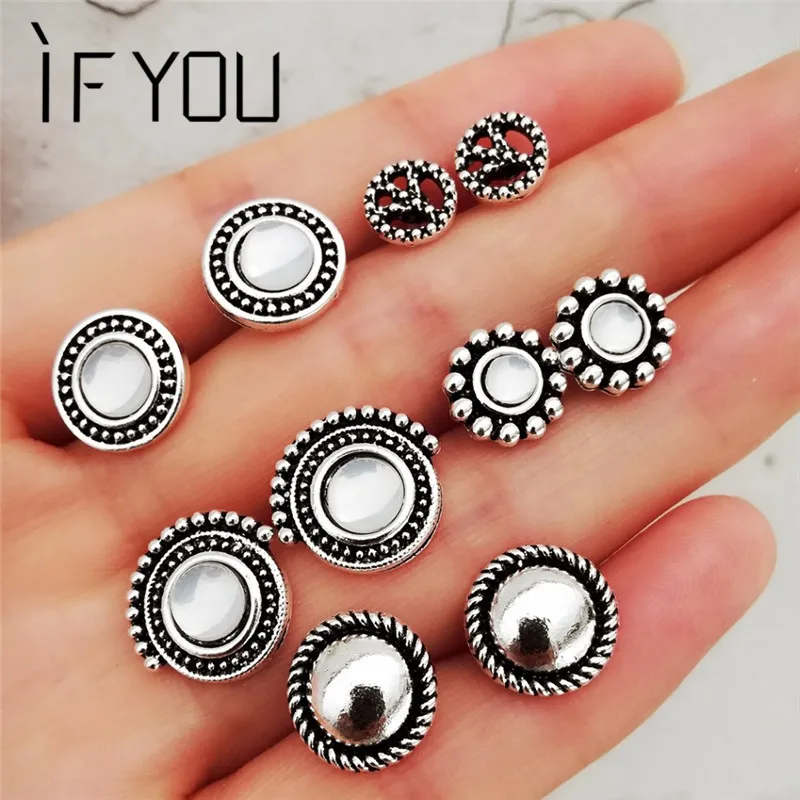 

IF YOU Vintage 6 Style Round Stud Earrings Set For Women Geometry Flower Earrings Fashion Statement Jewelry Gifts Dropshipping