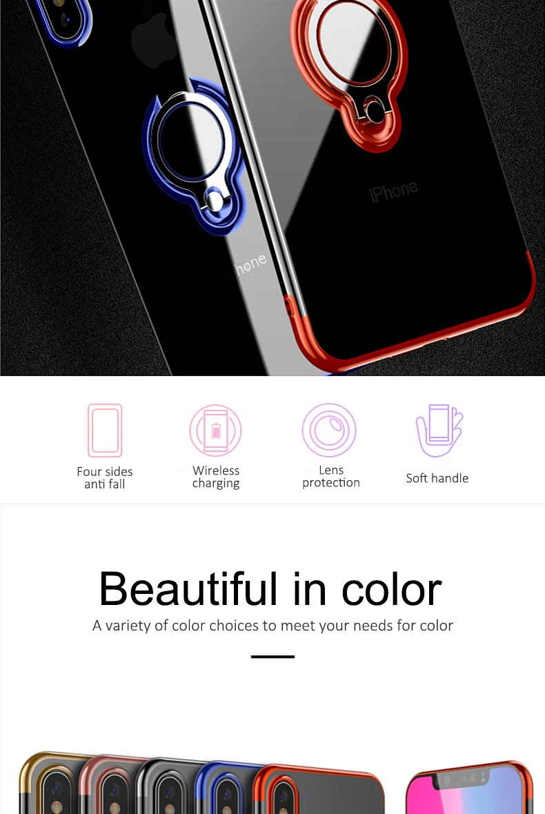 Iphone 7 Case Iphone Xs Max Case X  6 8 6S Plus Diamond Transparent Clear Electroplate TPU Finger Ring Case Luxury Back CoverDescription: