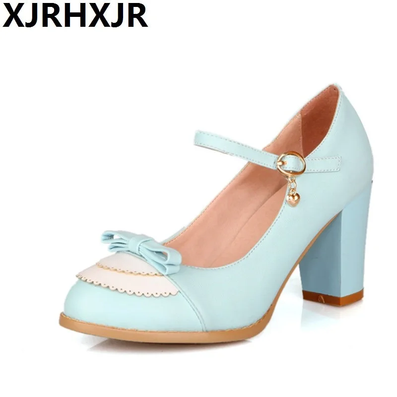 

XJRHXJR Large Size 32-45 2017 Spring Womens Pumps Buckle Strap 7cm Thick High Heels Round Toe Hashion Ladies Pumps Wedding Shoes