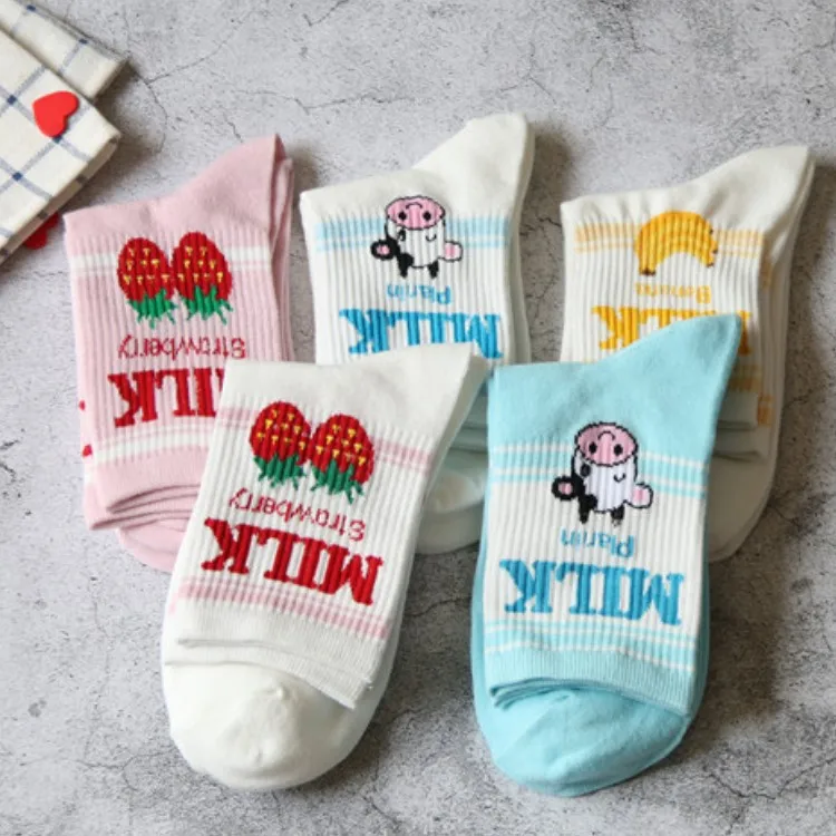 

Kawaii Jacquard Fruit Strawberry Milk Pinky/White Women Socks Japanese Harajuku Funny Socks Calcetines Mujer