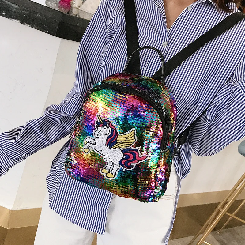 

My little pony PU backpack fashion sequins cute pony unicorn backpack large capacity girl personality wild bag