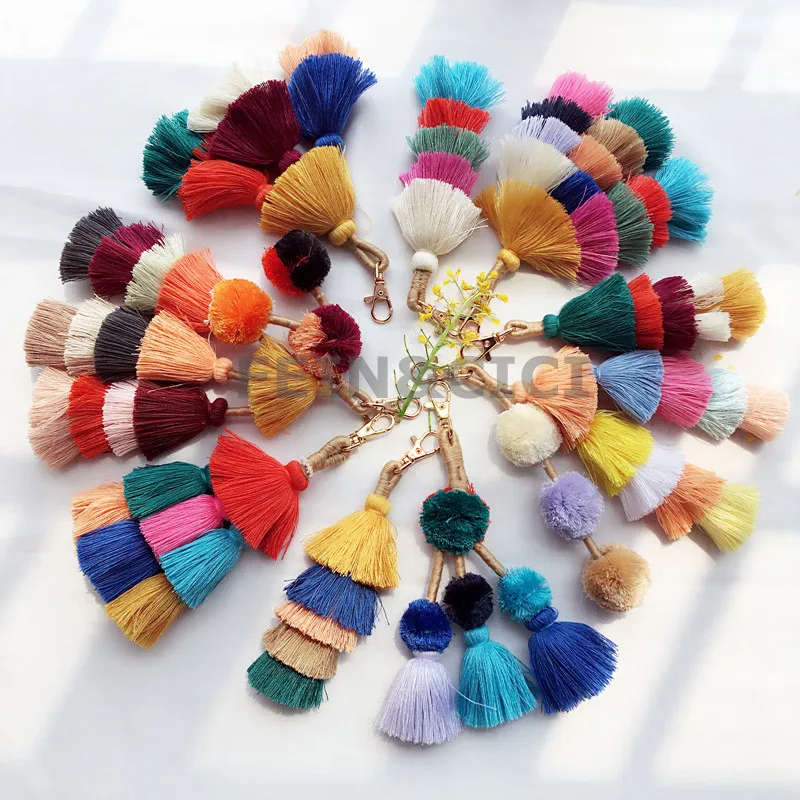 colorful pom pom tassels Boho Bag Accessories ornament beach straw bag handbag wallet purse key