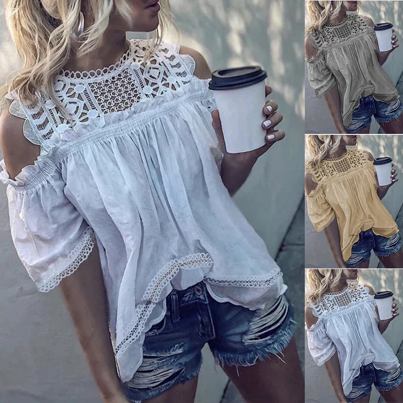 Женские рубашки Camisas Mujer летние кружевные топы с круглым вырезом и полым рукавом
