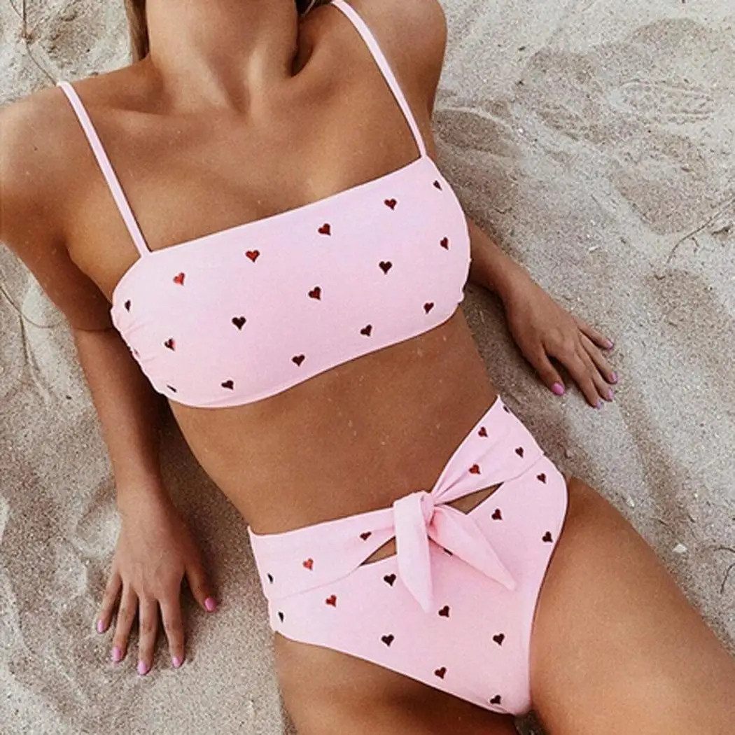

2PCS Women Heart Print Lace Up High Waist Pink Sexy Bikini Casual Set No Swimwear Bathing Sleeveless Suit