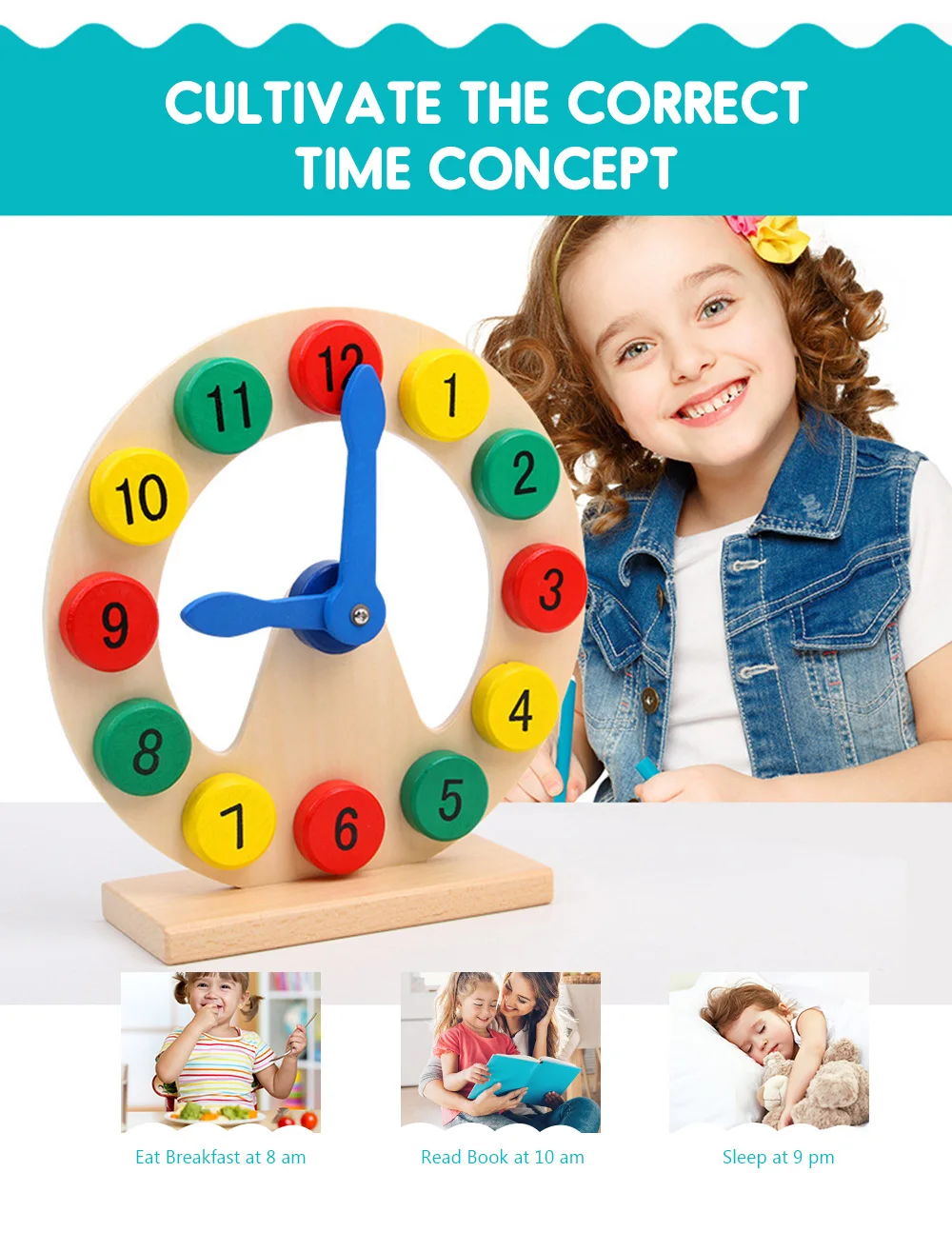 

Wooden Toy Colorful 12 Numbers Clock Toy Baby Early Educational for Kids Time Learning Numerical Mental Development Toy