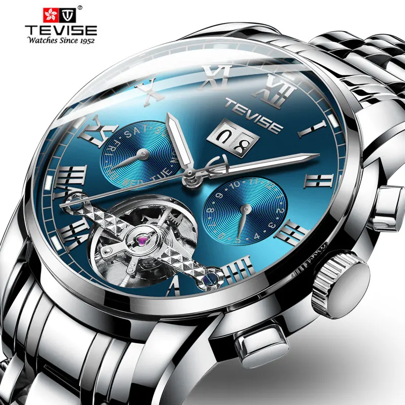 

Top Luxury Brand TEVISE Men Automatic Mechanical Watch Mens Stainless steel Tourbillon Calendar Wristwatch Relogio Masculino