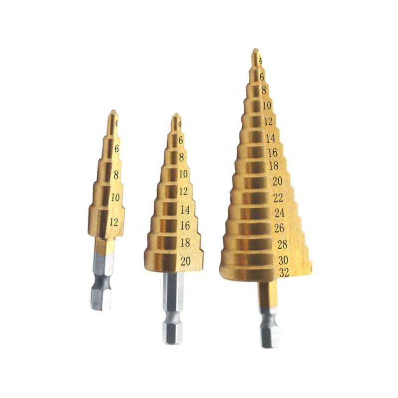 4-12mm 4-20mm 4-32mm Metric Spiral Flute/Large Step HSS Steel 4241 Cone Titanium Coated Drill Bits Cut Tool Set Hole Cutter