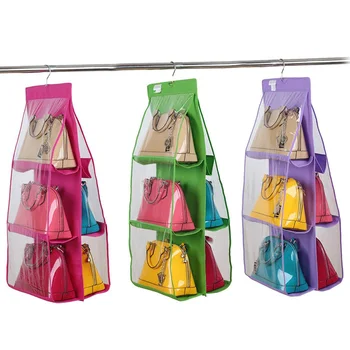 

6 Large Pocket Transparent Handbag Tote Bag shelf Hanging Storage Holders Tidy Organizer Wardrobe Closet Hanger prateleira DA