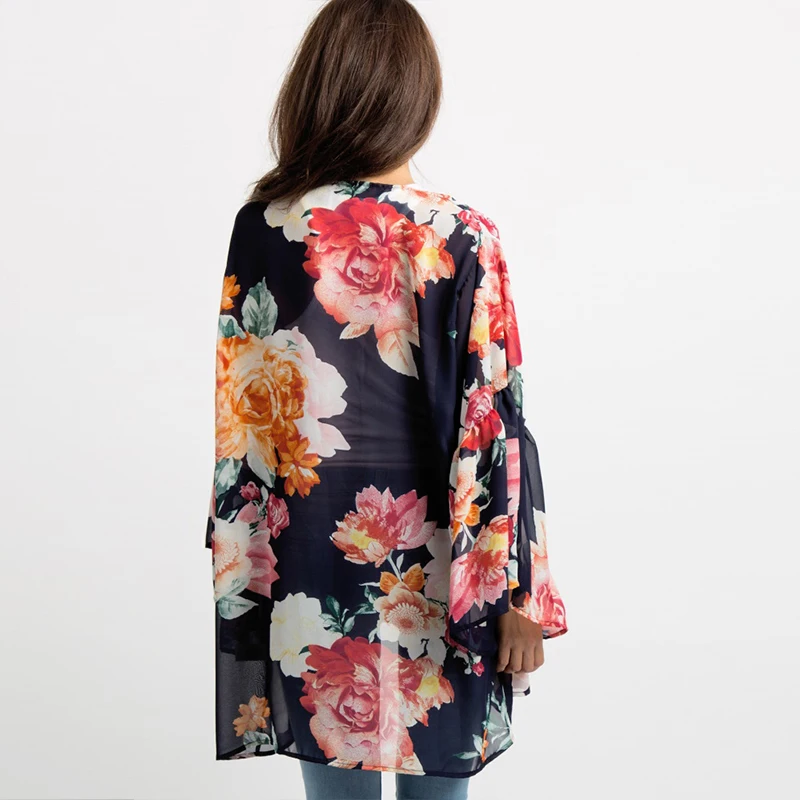 Мода Boho повседневное шифоновое кимоно для женщин цветочный принт длинный рукав свободный кардиган, пальто летняя Солнцезащитная пляжная одежда