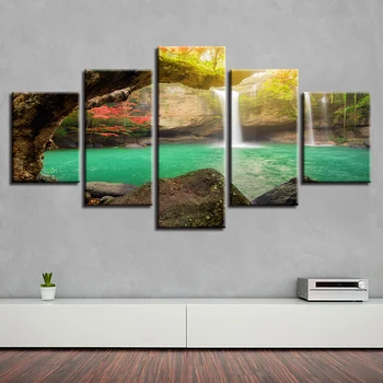 

Canvas HD Prints Poster Home Decor 5 Pieces Forest Waterfall Lake Landscape Painting Natural Pictures Modular Wall Art Framework