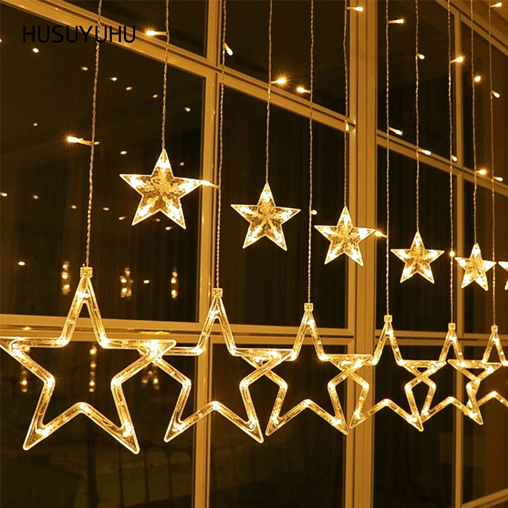 HUSUYUHU EU/ US Plug Star LED Curtain String Light AC 220V Twinkle Christmas Romantic Warm White