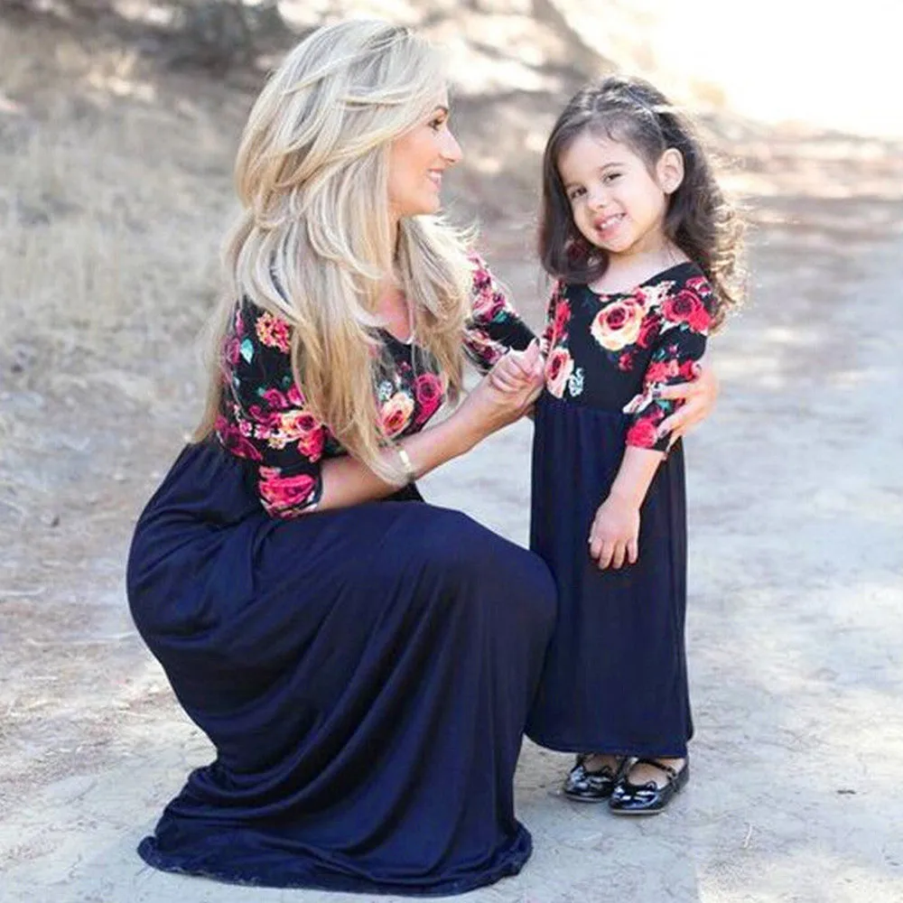 

KLV 2019 New Arrived Dress Women Mother Daughter Matching Floral Mom Kids Half Sleeve Maxi Long Dress Free Shipping