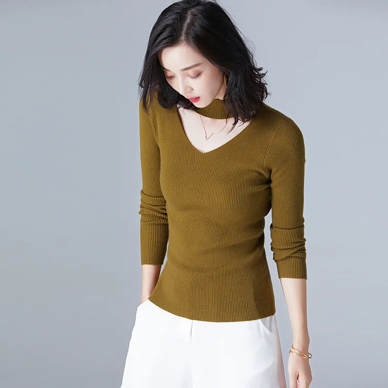 2018 autumn and winter new V-neck sweater wild slim slimming shirt long-sleeved slim pullover sweater women