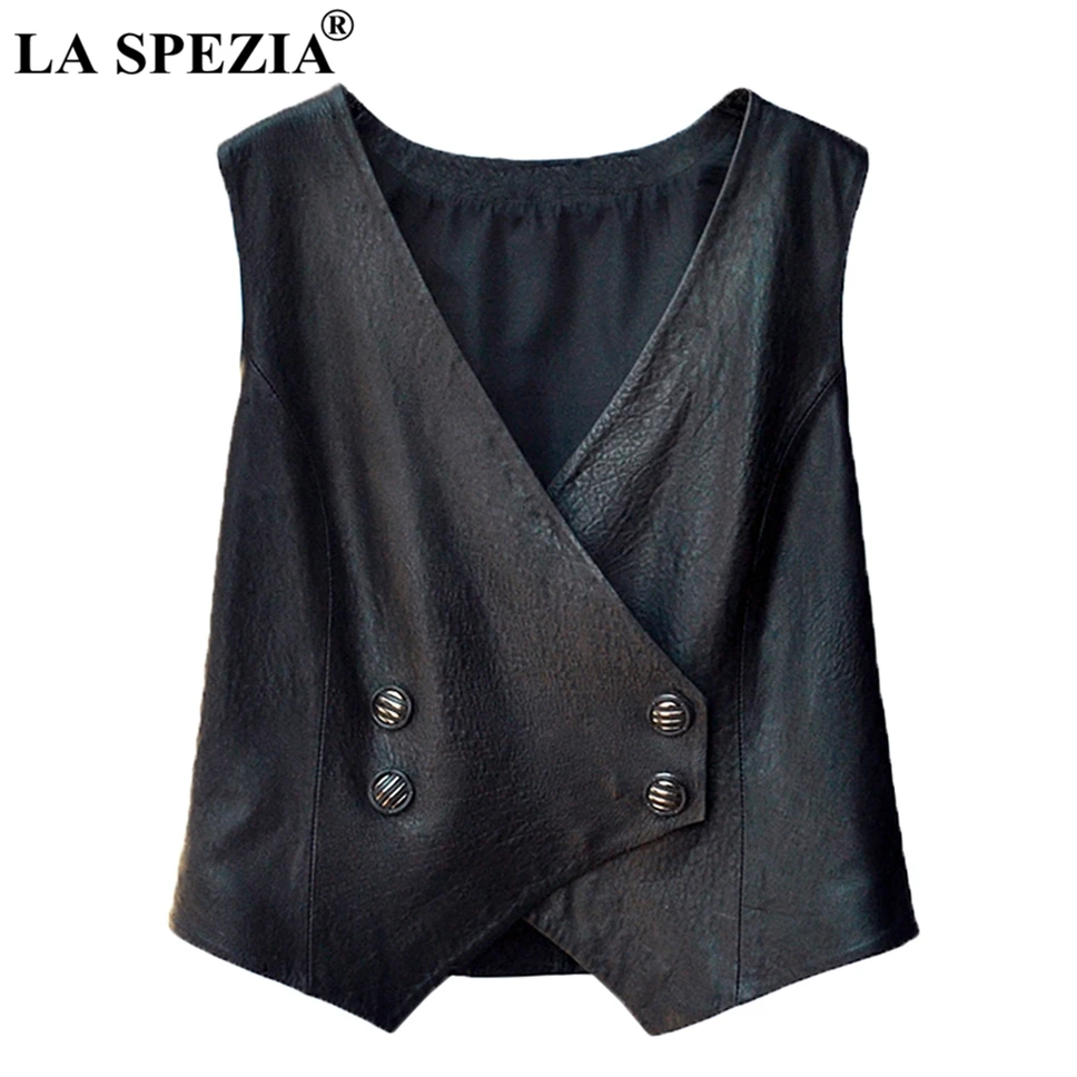 

LA SPEZIA Women Double Breasted Vest Black Genuine Leather Gilet Famale OL Thin Plain Sheepskin Slim Spring Autumn Waistcoat 4XL