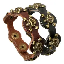 Панк винтажные браслеты из натуральной кожи готический череп бусины Шарм открытый манжета браслет скелет браслеты Байкер Мода ретро ювелирные изделия